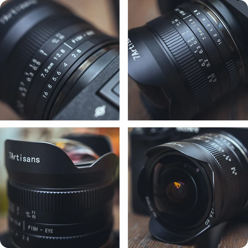 7Artisans 7.5mm f/2.8 Mark II close-up details on a mirrorless camera
